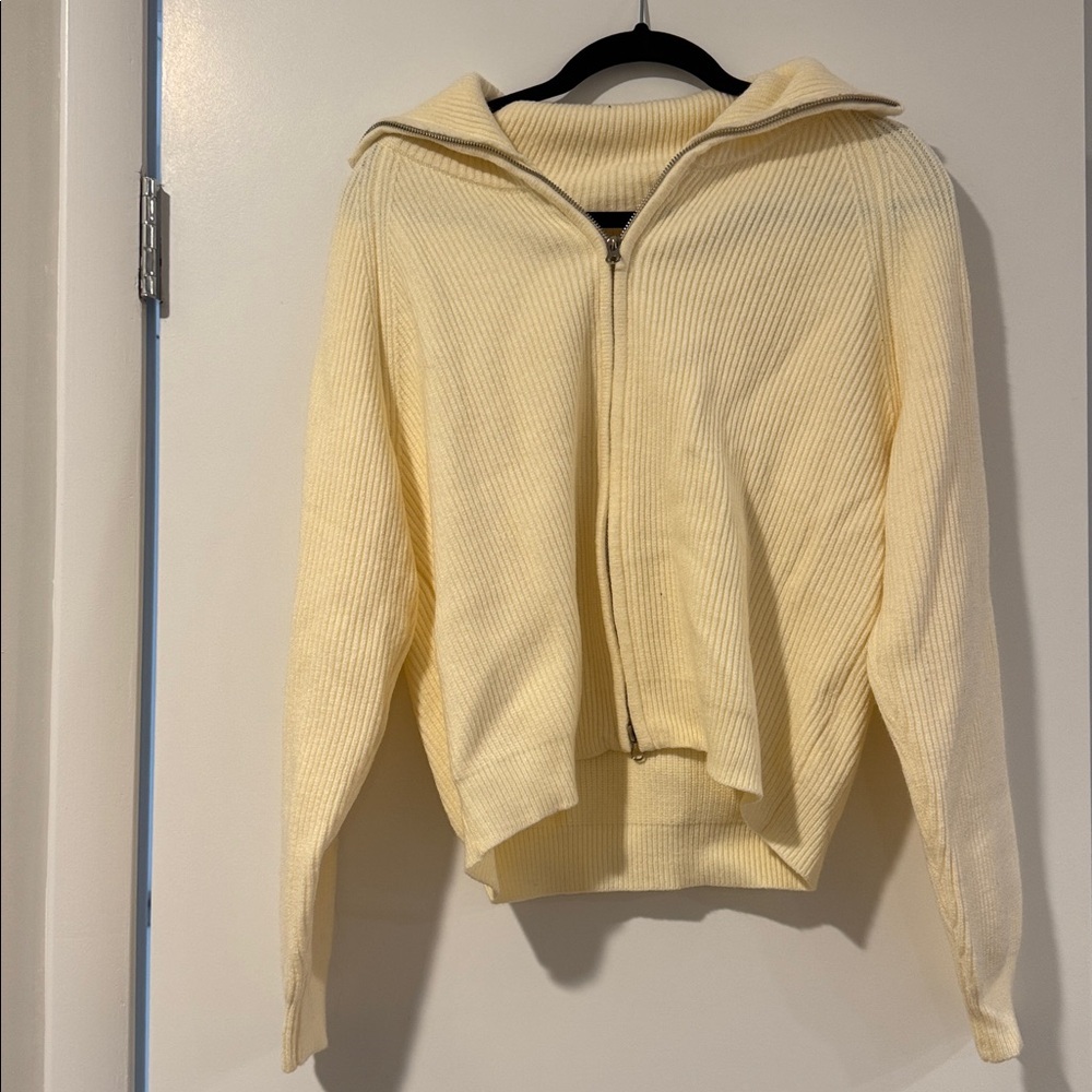 Cream Ribbed Zip-Up Hoodie